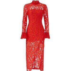 Revolve Alexie Fala Red Lace High‎ Neck Long Sleeve Side Slit Dress M